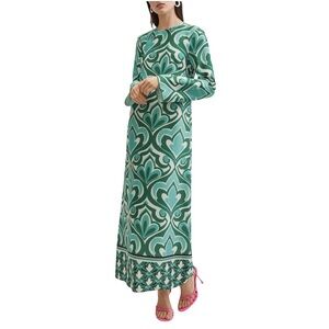 Mango Green Print Maxi Dress Long Sleeve Mod Geometric Retro Dress Size 8